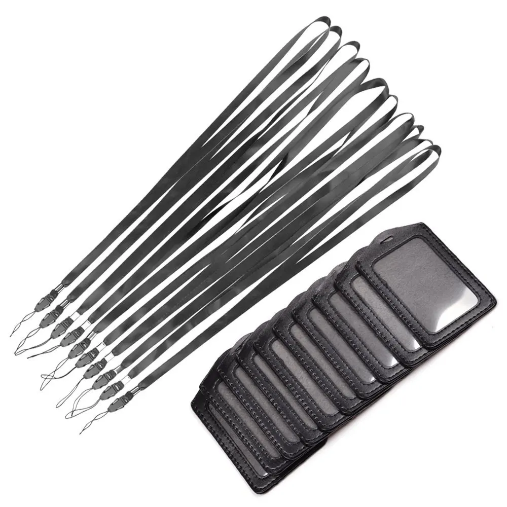 10 шт. черный кожаный визитница для удостоверения личности с шейным ремешком