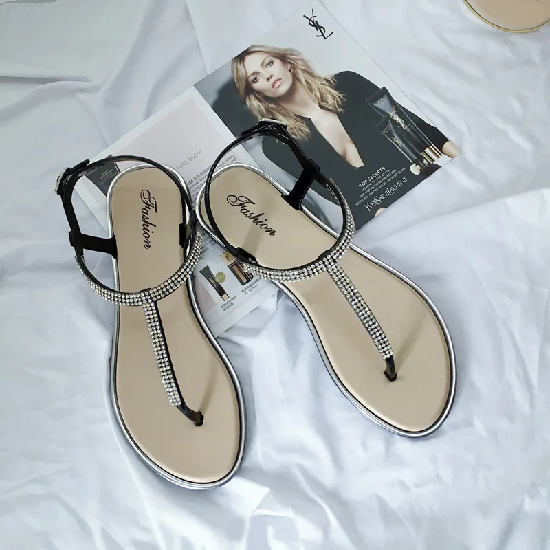 

Koovan Women's Shoes Summer New Rhinestone Flat Shoes Clip T-type Strap Roman Shoes Low Flat Sandals Women Plastic Sandals Beach