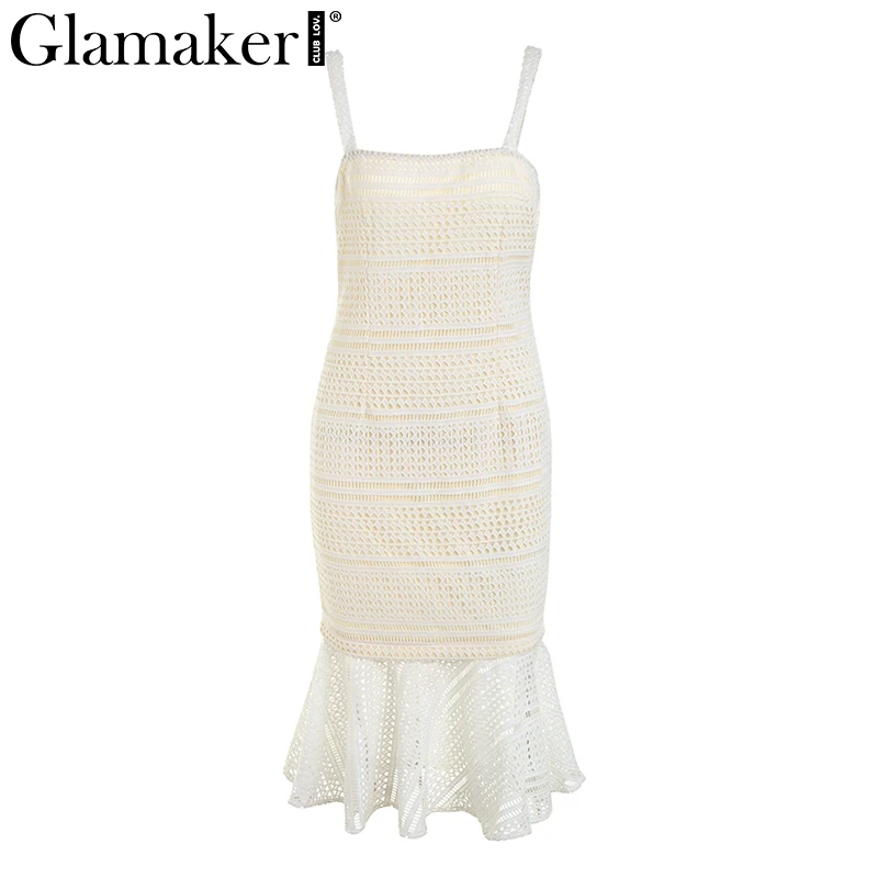 Белый Glamaker/кружевное женское платье с рюшами, летнее платье-бандо, уличная одежда, Повседневное платье-карандаш, облегающее длинное платье на бретельках, винтажное Сетчатое платье, vestidos - Цвет: Белый