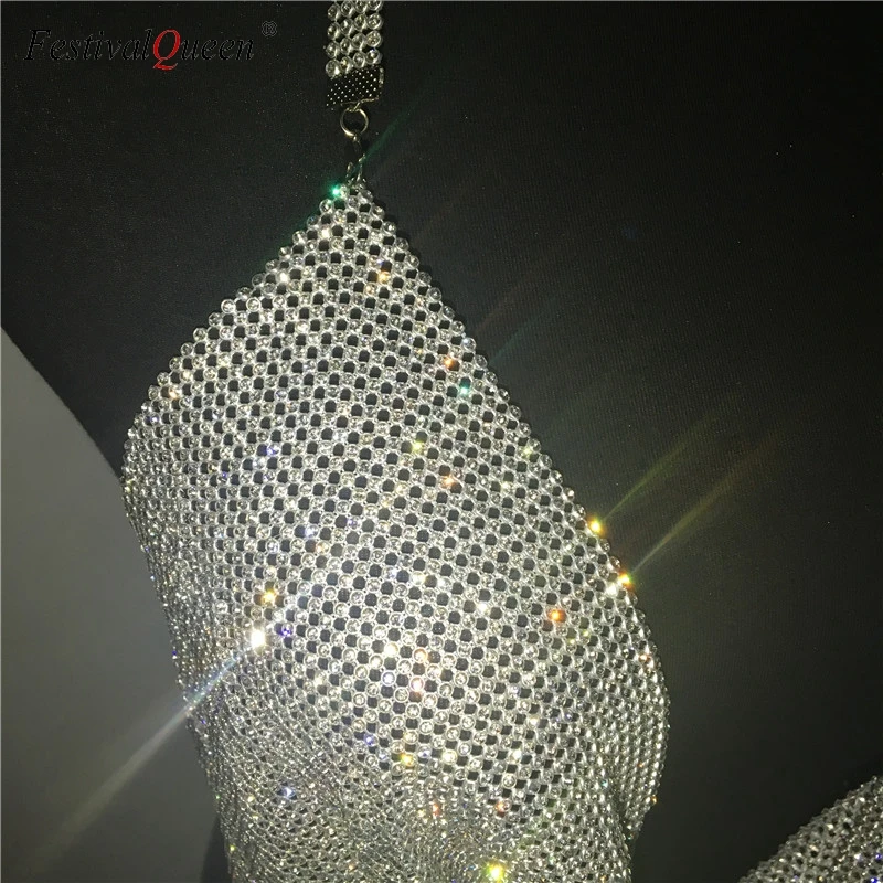 FestivalQueen женский сексуальный топ, стразы, глубокий v-образный вырез, блестящий, бриллиантовый, с блестками, на бретелях, открытая спина, Модный женский топ
