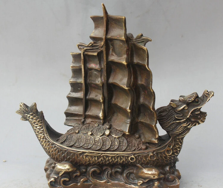 USPS to USA S2070 8&quot Chinese Copper Feng Shui Wealth Money Dragon boat ship plain sailing Statue | Дом и сад