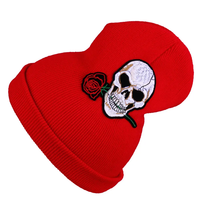 Мужская и женская шапка CRUOXIBB теплая вязаная с черепом красной розой на осень зиму