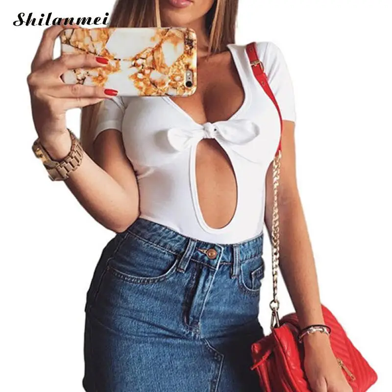 2017 Сексуальная Ползунки Женщины с коротким рукавом V шеи полые спереди твердые