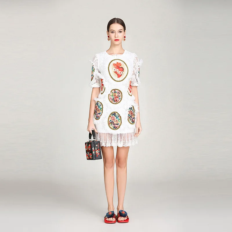 Новое милое кружевное платье 2019 высокое качество модное с короткими рукавами и