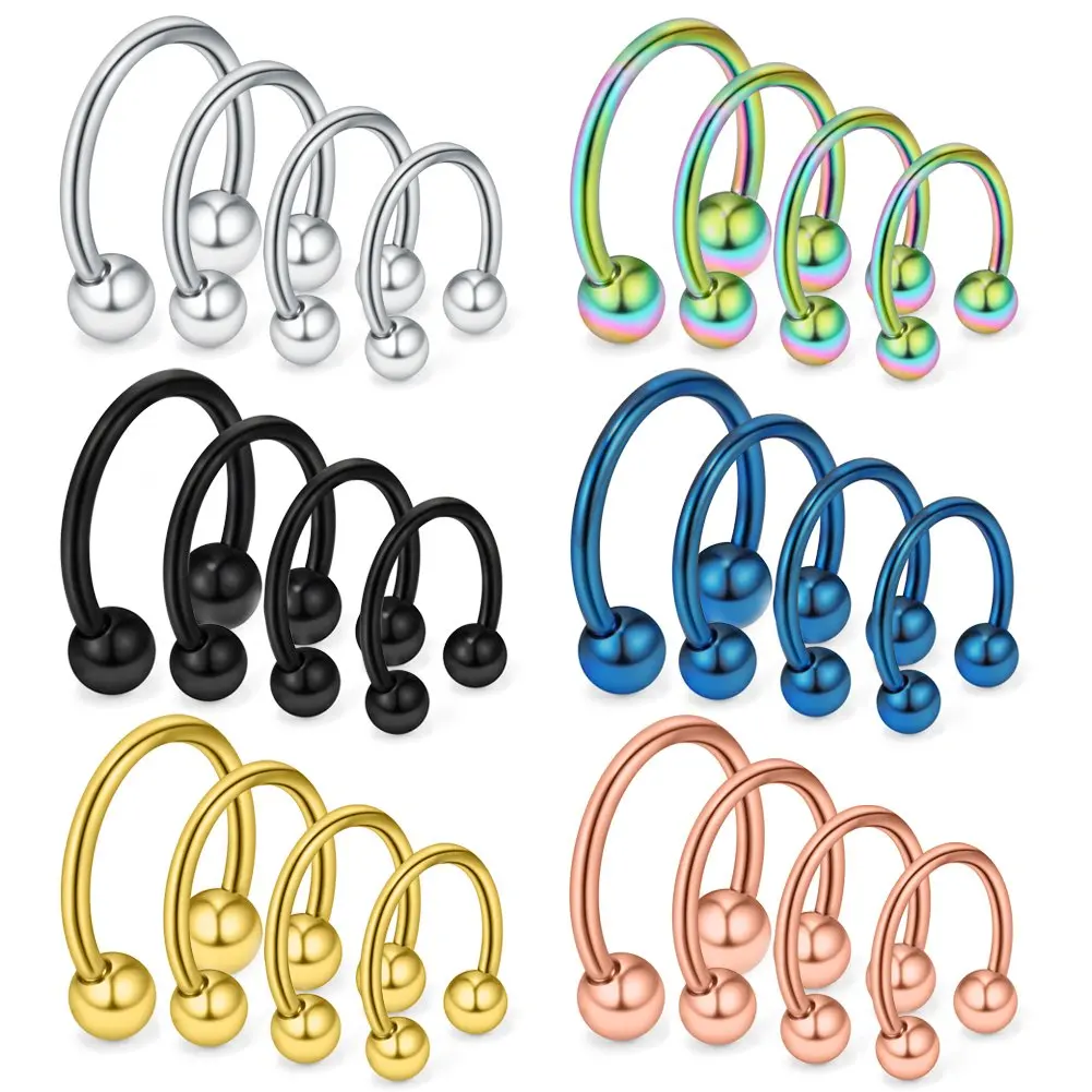 

24PCS Nose Septum Horseshoe Earring 16G 14G 12G Surgical Steel Eyebrow Tongue Lip Nipple Helix Tragus Piercing Rings 6-16mm