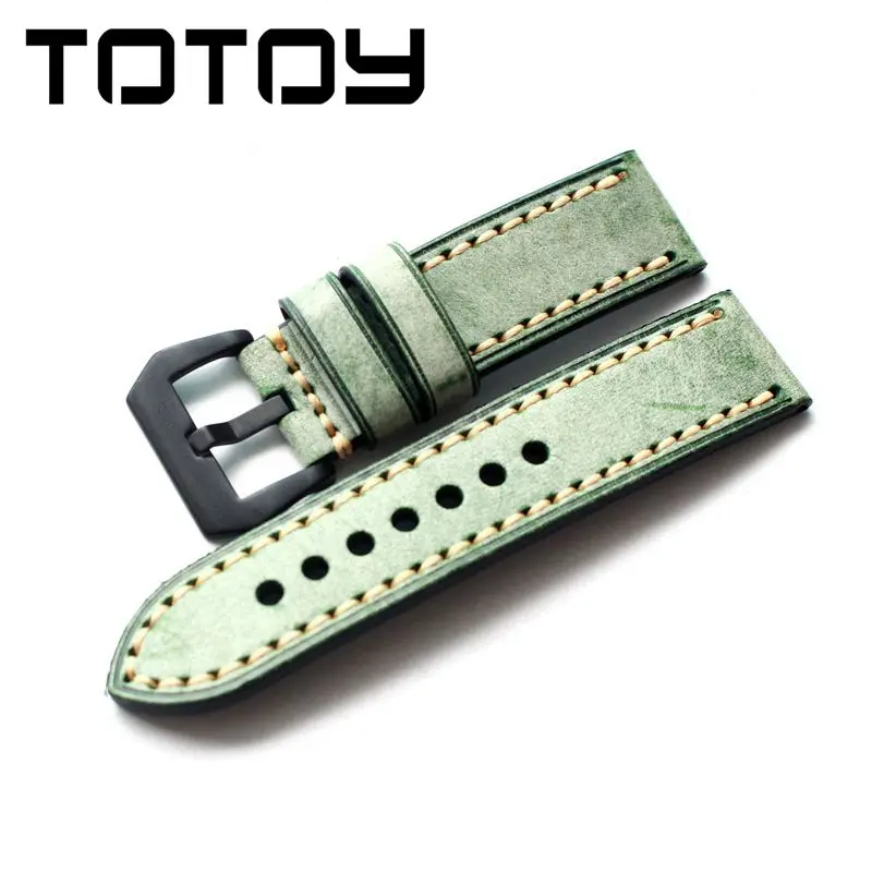 Green Brack buckle TOTOY винтажный ремешок из воловьей кожи ручной очистки, Италия FN 20 мм 22 мм 24 мм для Panerai кожаных Ремешки для наручных часов, Винтажный Зеленый Черный Коричневый ремешок - Цвет ремешка: Green Brack buckle