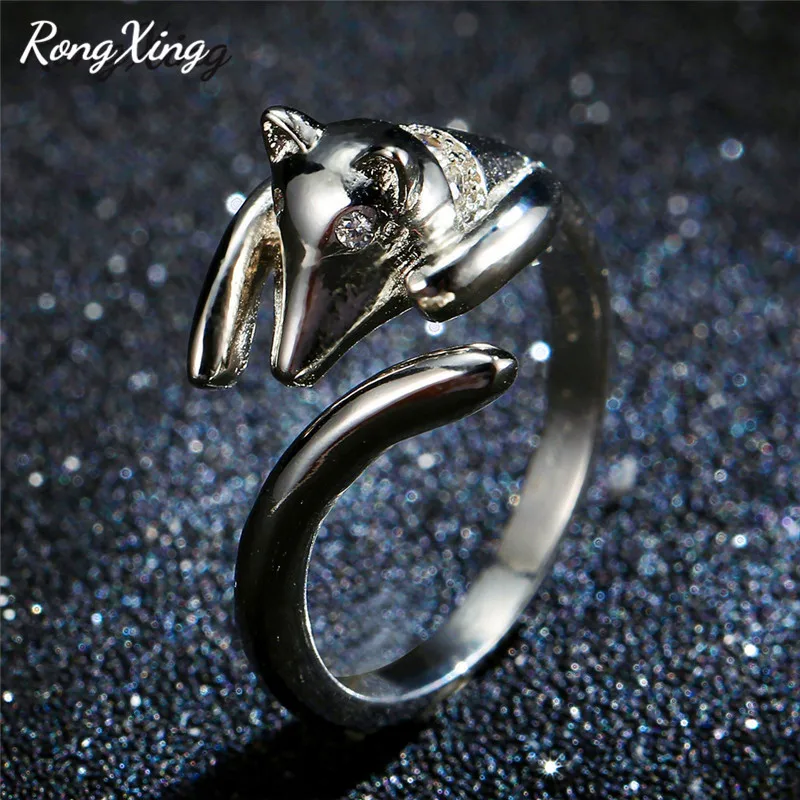 RongXing милые животные лиса открытые перстни для мужчин женщин белый золотой