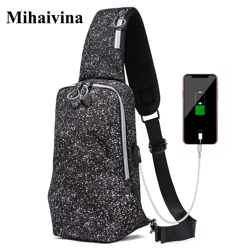 Mihaivina USB зарядка Мужская нагрудная сумка Оксфорд Слинг Сумка водонепроницаемая
