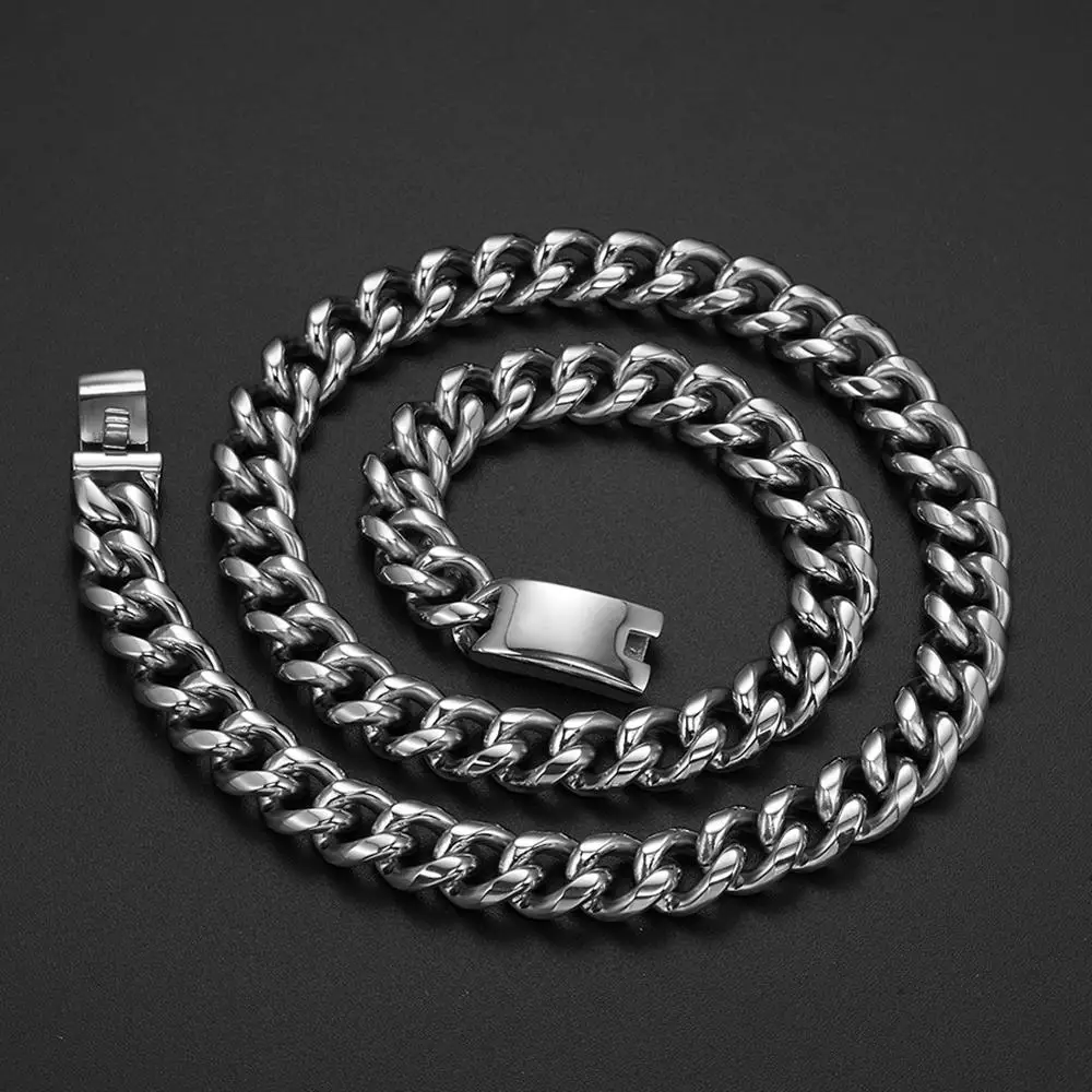 

Granny Chic Mens Necklace Bracelet Chains Stainless Steel Silver Color Necklace for Men Women Curb Cuban Jewelry 15mm