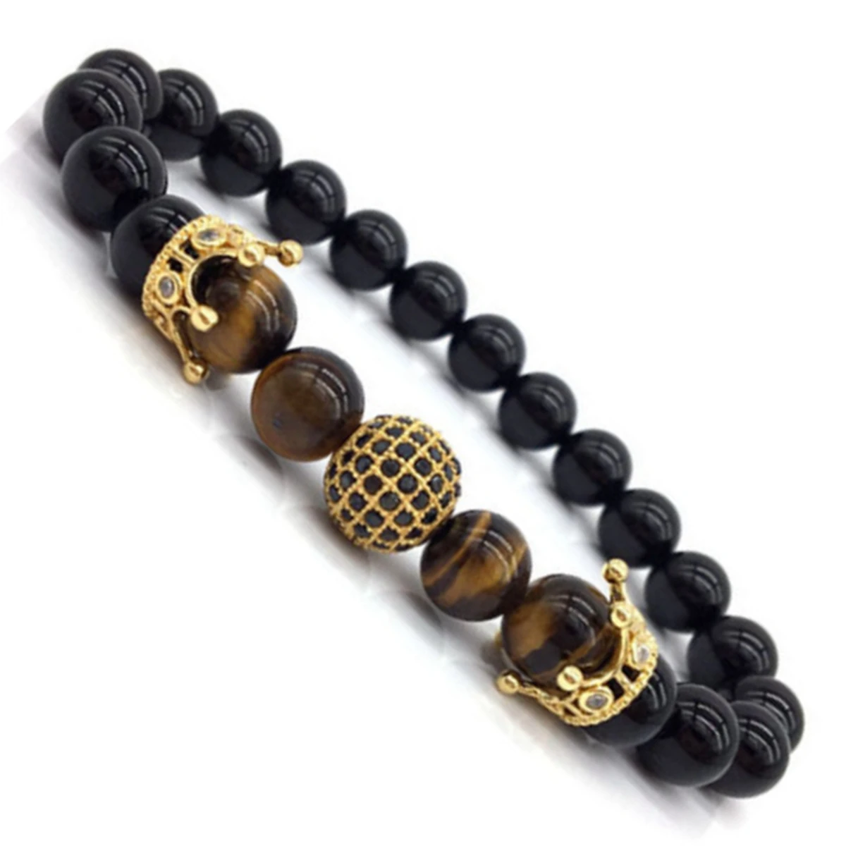 Горячая мода очаровательный мужской браслет Pave CZ King Crown & ball черный камень лавы из