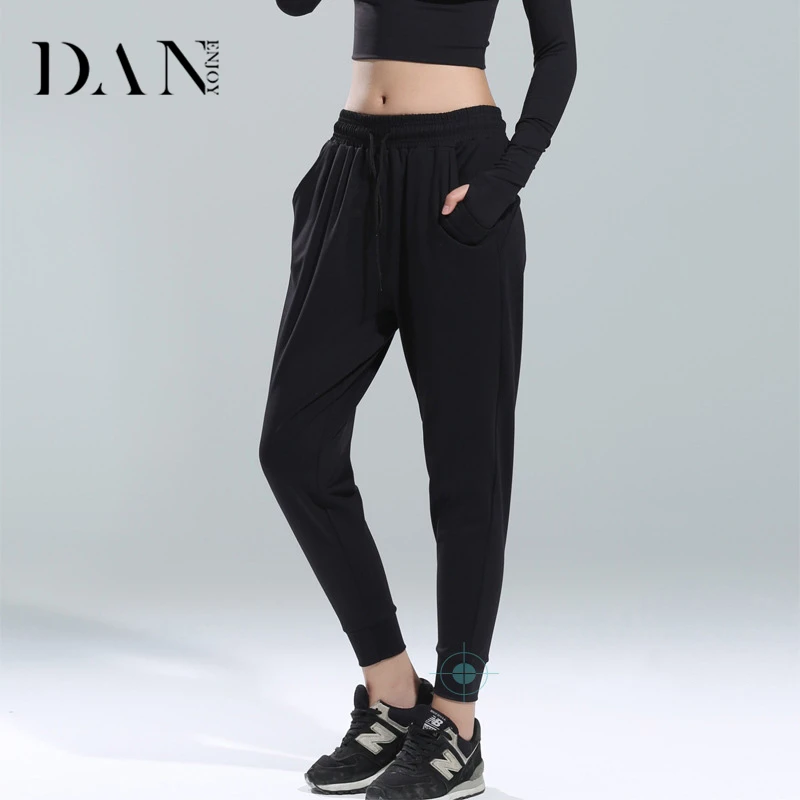 Danenjoy длинные Кальсоны йоги Свободные шаровары Drawstring Фитнес сплошной черный