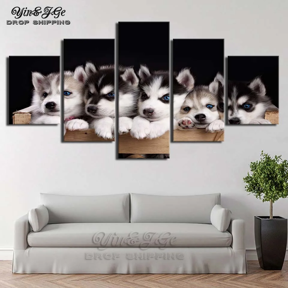 Modular Wall Art HD Printed Canvas Painting 5 Pieces Husky Lovely Animal Posters Pictures Home Decorative Living Room Frameworks | Дом и сад