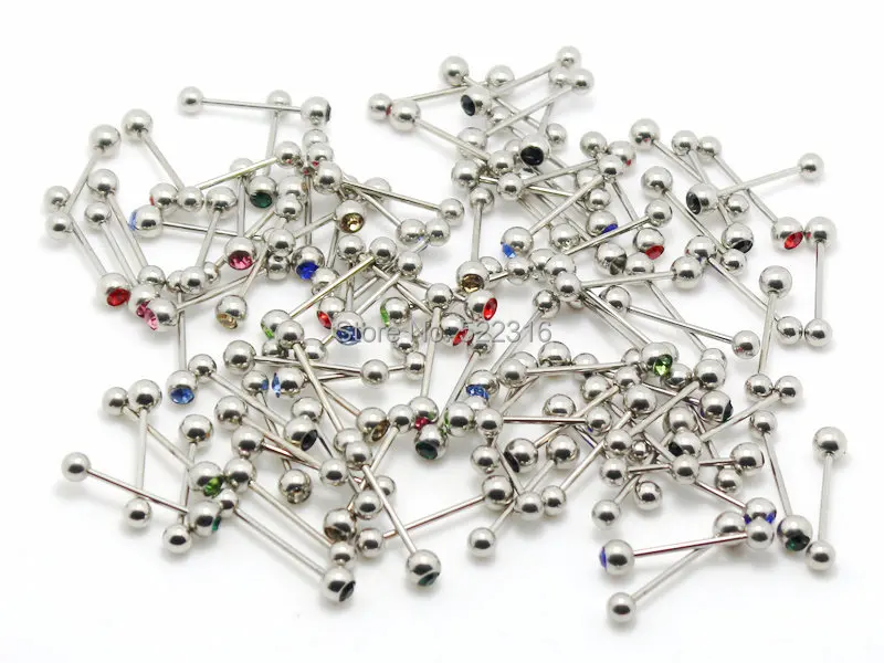 

100pcs mix 10 colors Stainless Steel Tongue Nipple Rings One Side Crystal Ball Piercing Barbell Body Jewelry Fashion