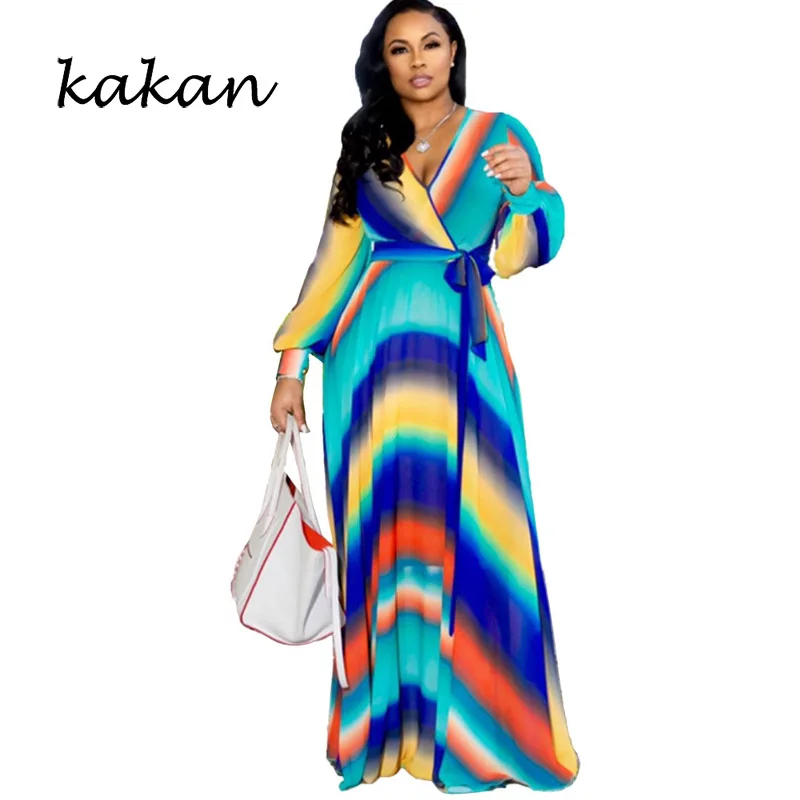 

Kakan Large size women's long chiffon dress Bohemian beach print dress summer new V-neck dress S-2XL