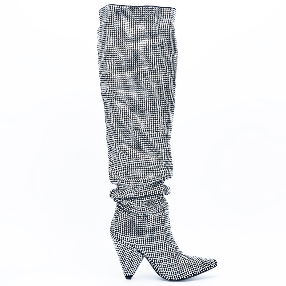 Stylesowner/Новинка года; роскошные женские сапоги до колена с острым носком и кристаллами; пикантные сапоги на не сужающемся книзу массивном каблуке; женские рыцарские сапоги; настоящая фотография
