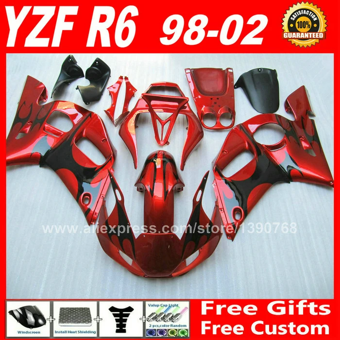 Набор обтекателей для YAMAHA R6 1998 2002 1999 2000 2001 Красный Черный пластиковые части 98 99 00 01