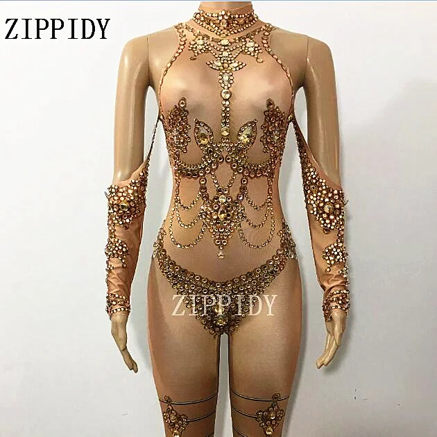 Sexy Gold Stones Nude Jumpsuits Big Stretch Rhinestones Bodysuit Nightclub Women Dance Show Prom Party Sexy One-piece Stage Wear