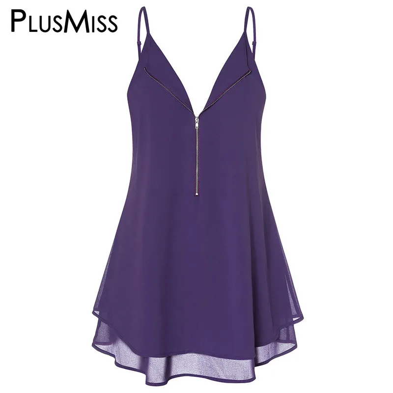 PlusMiss Plus Size 5XL Front Zipper Spaghetti Strap Cami Tops Women Summer Chiffon Beach Loose Camisole Vest Big XXXXL XXXL | Женская