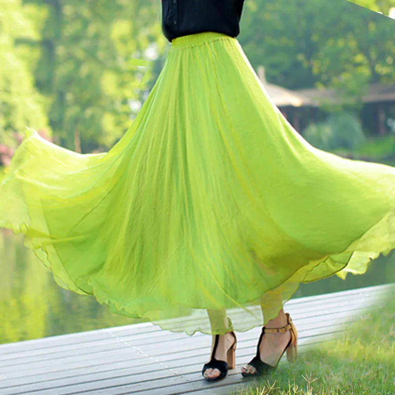 

Women Fashion Pleated Long Skirt Female Boho Elastic High Waist Chiffon Casual Beach Skirts Saias Summer Solid Bright Color