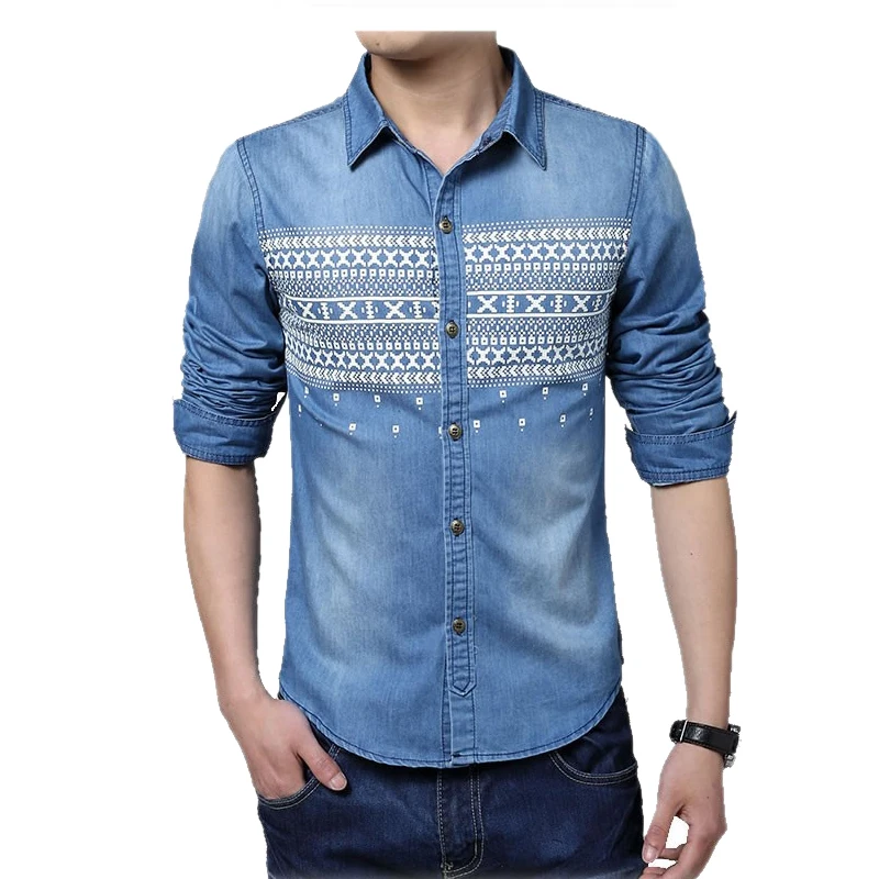 Рубашка мужская джинсовая с длинным рукавом 2017 хлопок 5XL|chemise homme|casual chemisemale slimming |