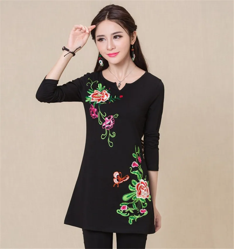 Весенне-осенняя женская футболка с вышивкой Blusas с длинным рукавом 5XL размера плюс качественные топы, женские хлопковые футболки