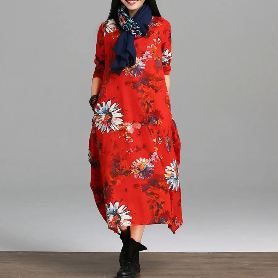 Женское платье макси из хлопка и льна Длинное свободное с длинным рукавом