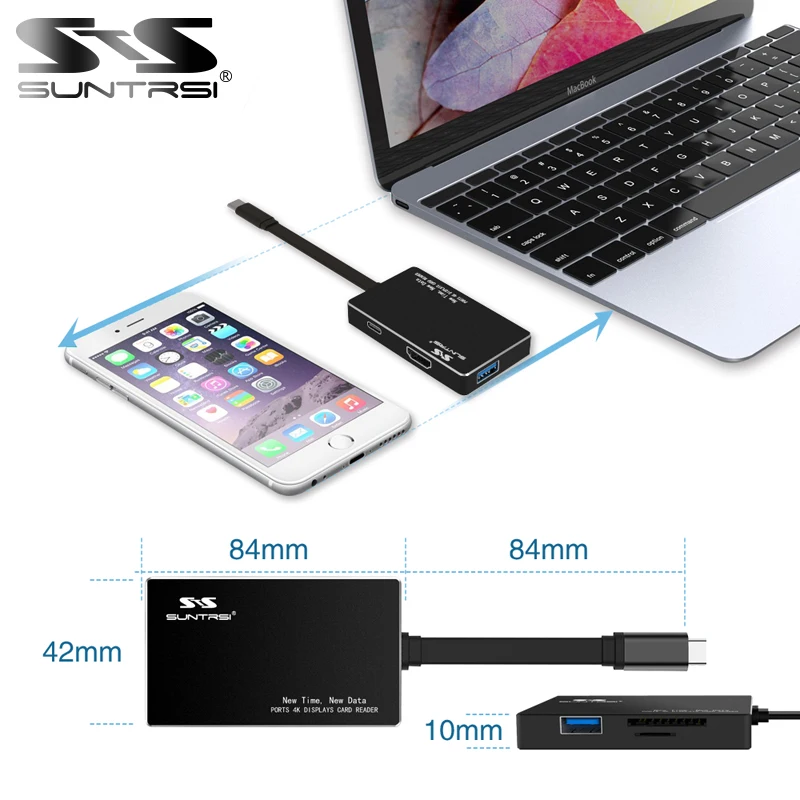 Suntrsi Тип usb C концентратор HDMI 4 k USB-C адаптер для MacBook 2-Порты и разъёмы USB 3,0 черный 7 в 1 TF/SD кард-ридер