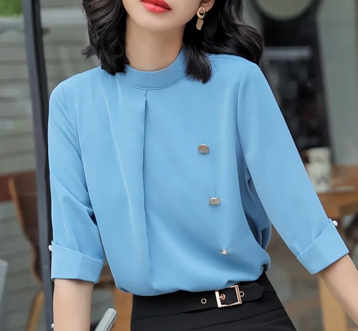 Light blue Professional для женщин; большие размеры рубашка Новинка года Половина рукава шифон женская одежда для офиса модные бизнес темперамент свободные топы - Цвет: Light blue
