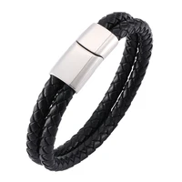 fashion jewelry men double layer braided leather bracelet trendy stainless steel magnetic clasp simple bracelets bangles sp0116