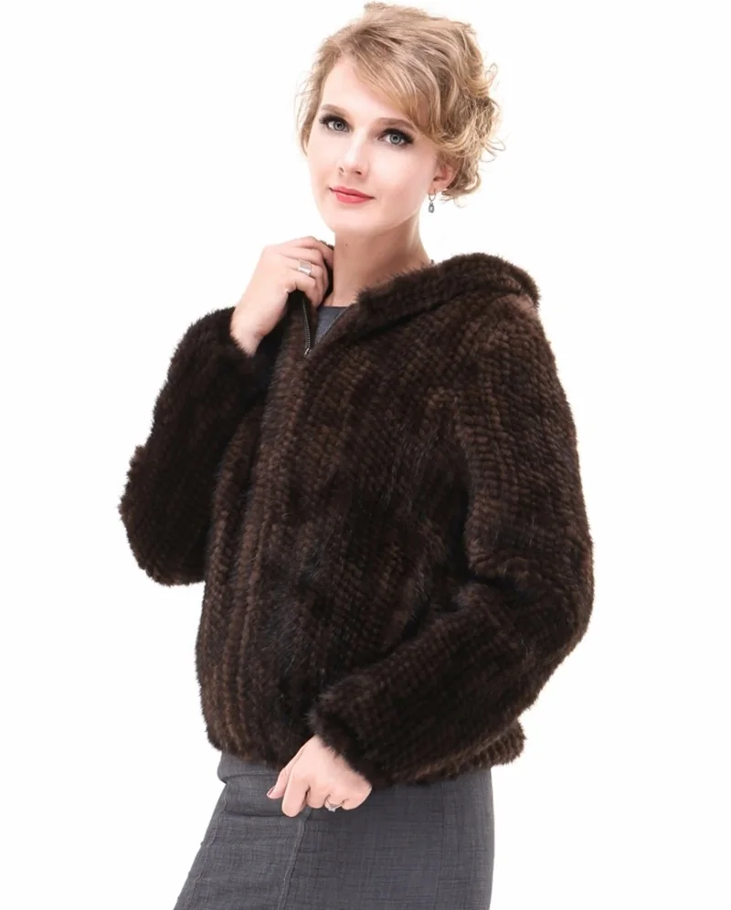 Осеннее Женское пальто из натурального вязаного меха норки с капюшоном зимняя