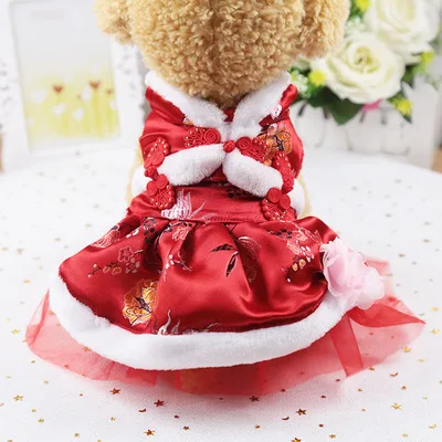 New Winter Dog Dress Year Clothes Tang Suit Cheongsam Pet Clothing Warm Coat Poodle Yorkie Costume |