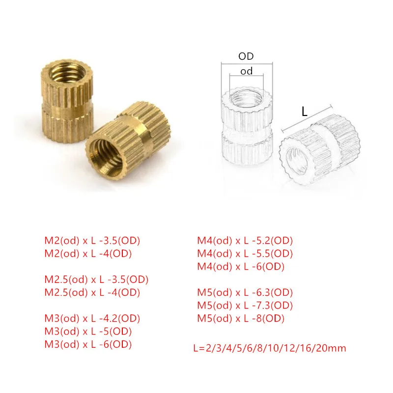 Латунь Вставка с накаткой M2 M2.5 M3 M4 M5* L-3.5/4,2/5/6(наружный диаметр) инжекционного метода литья гайка накатки встроенный Запчасти