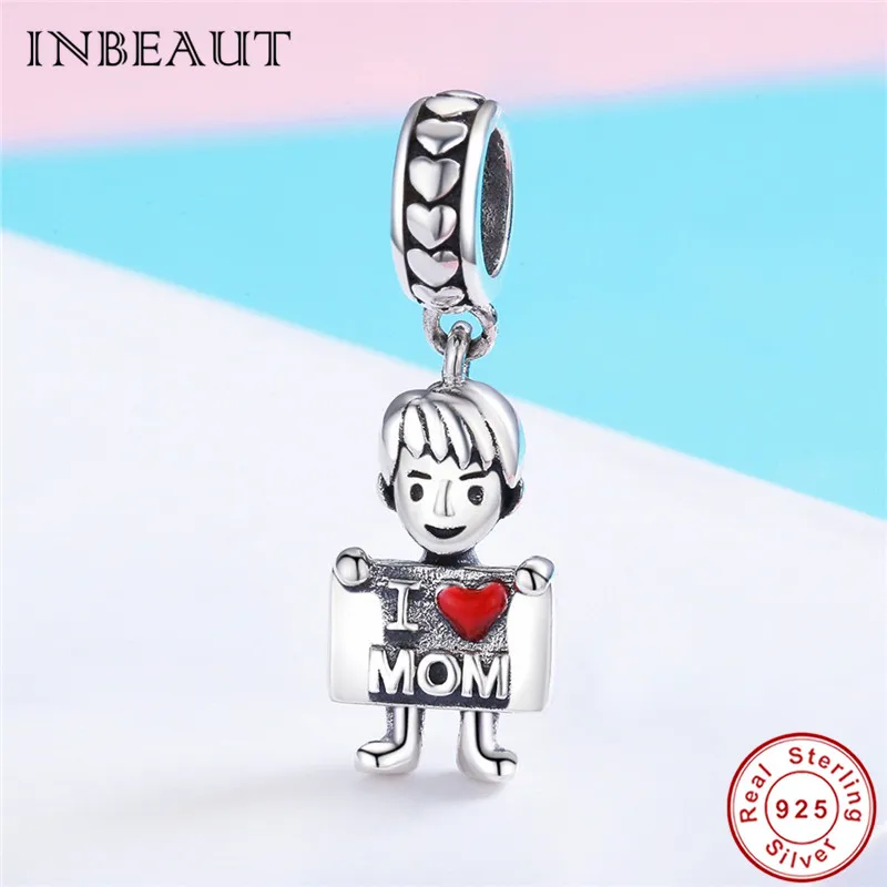 Подходит для моды I Love Dad & Mother бусы из стерлингового серебра 925 пробы милое красное