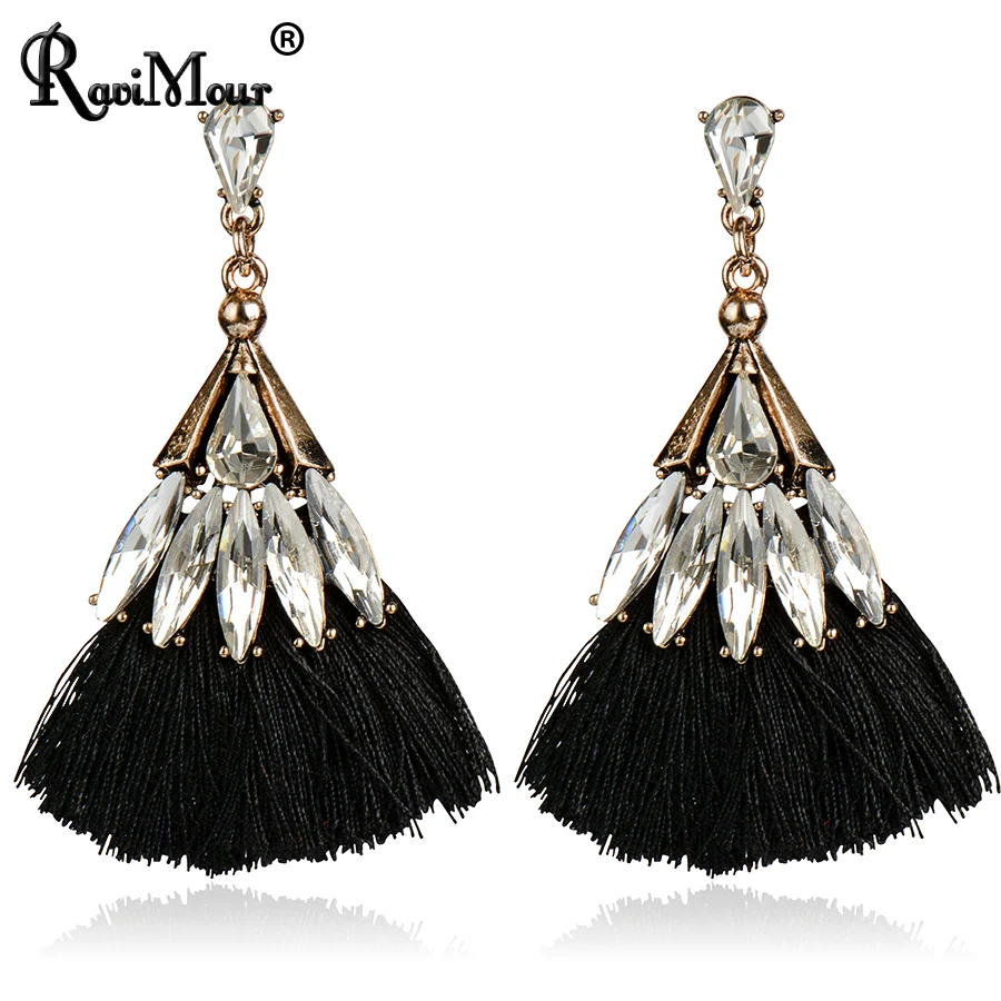 RAVIMOUR винтажные женские серьги с кристаллами веер большие ручной работы ткань