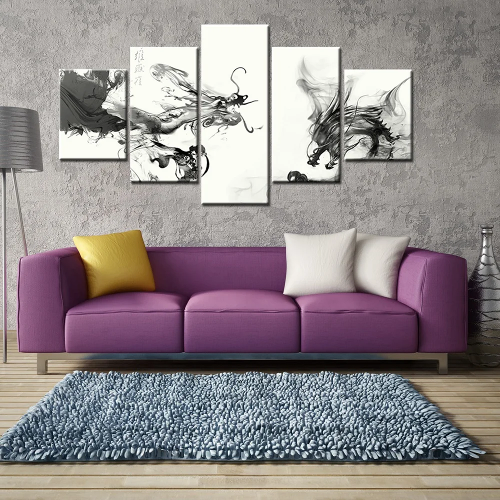 Черно белая китайская чернильная краска с принтом дракона императора канва 5