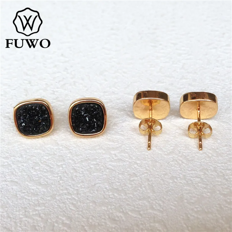 

FUWO Wholesale Square Aura Druzy Stud Earrings With Gold Brass Plated Fashion Natural Stone Jewelry Wholesale ER034