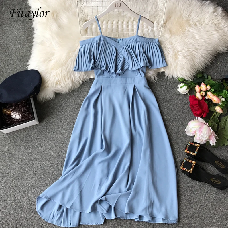 Женское шифоновое платье комбинация Fitaylor плиссированное длинное на бретелях