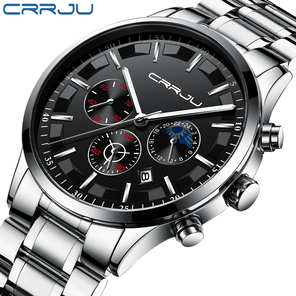 

New CRRJU Men New Business Chronograph Watch Date Display Clock Luxury Stainless Steel Sport Waterproof Watch relogio masculino