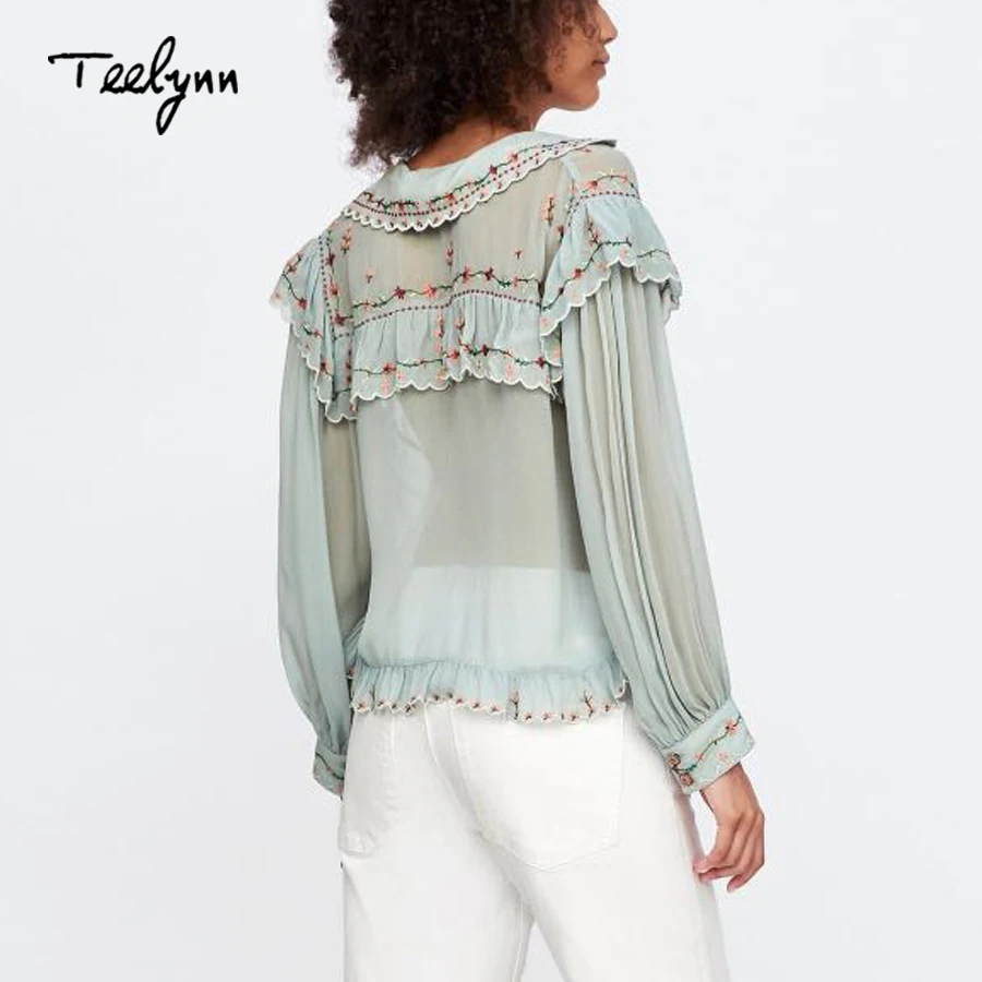 TEELYNN boho блуза 2018 Цветочная вышивка v-образный вырез матросский воротник длинный