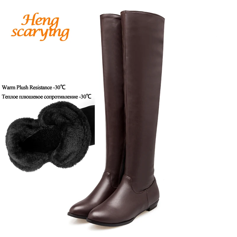 2018 большой размер 46 женские зимние сапоги выше колена теплые кожаные плюшевые