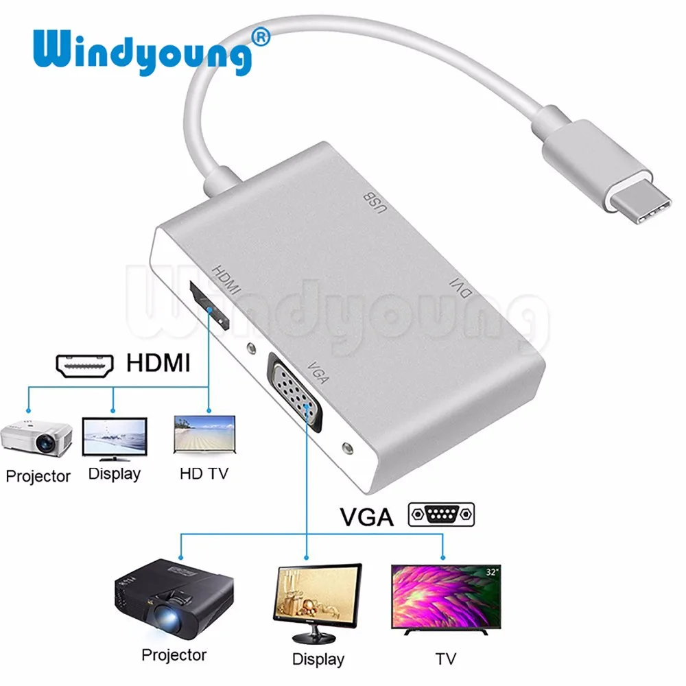 Кабель адаптер Windyoung USB 3 1 C Type to 4K HDMI VGA DVI 0 4 в для Google Chromebook Pixel Laptop Apple Macbook|USB-хабы| |
