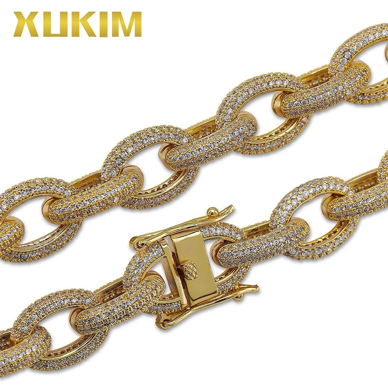 Xukim ювелирные изделия высокого класса микро проложить Полный Iced Out Овальный витой кубинской звено цепь золото серебро цвет ожерелье хип хоп ювелирные изделия подарок