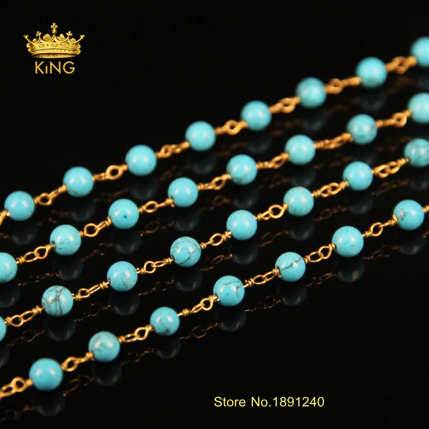 

Blue Tur quoise Beaded Chain Plated Gold Wire Wrapped Round Beads Chain Rosary Style Gemstones Jewelry JD0119