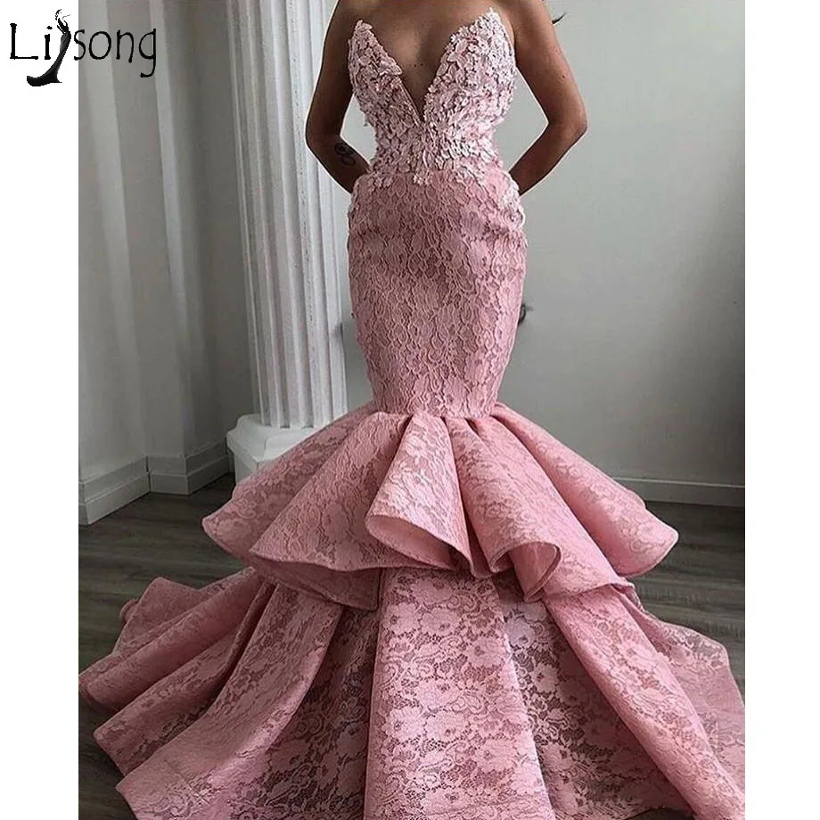 

Fashion Lace Mermaid Prom Dresses 2018 Off the Shoulder Sweetheart Tiered Skirt Chic Evening Dress Abendkleider Robe de soiree