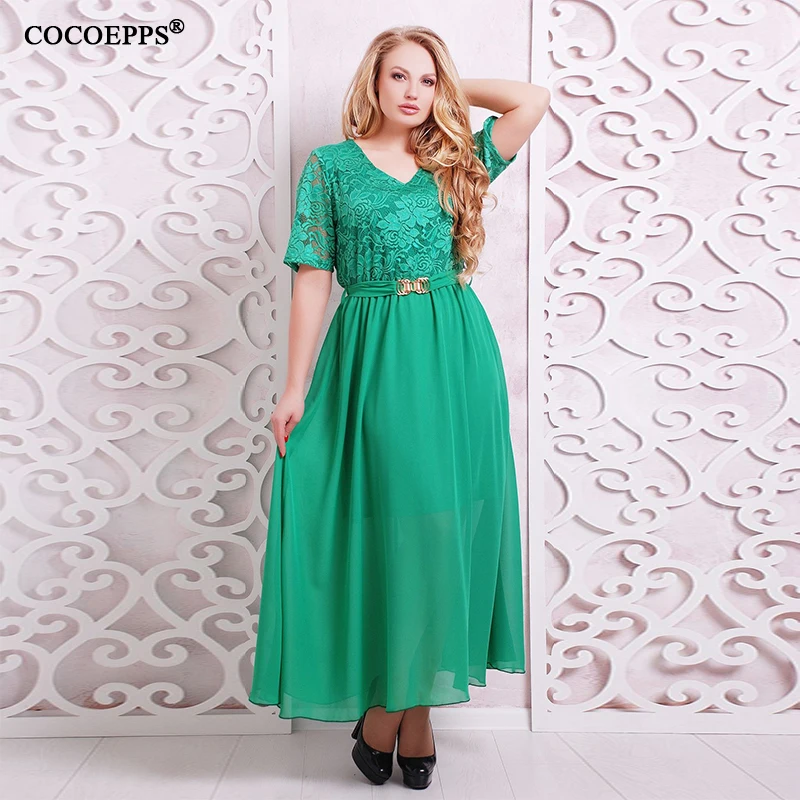 COCOEPPS Plus Size Chiffon Lace Women Long Dresses 2017 Summer Elegant Big Solid Maxi 5XL 6XL Blue Sashes Vestidos | Женская одежда