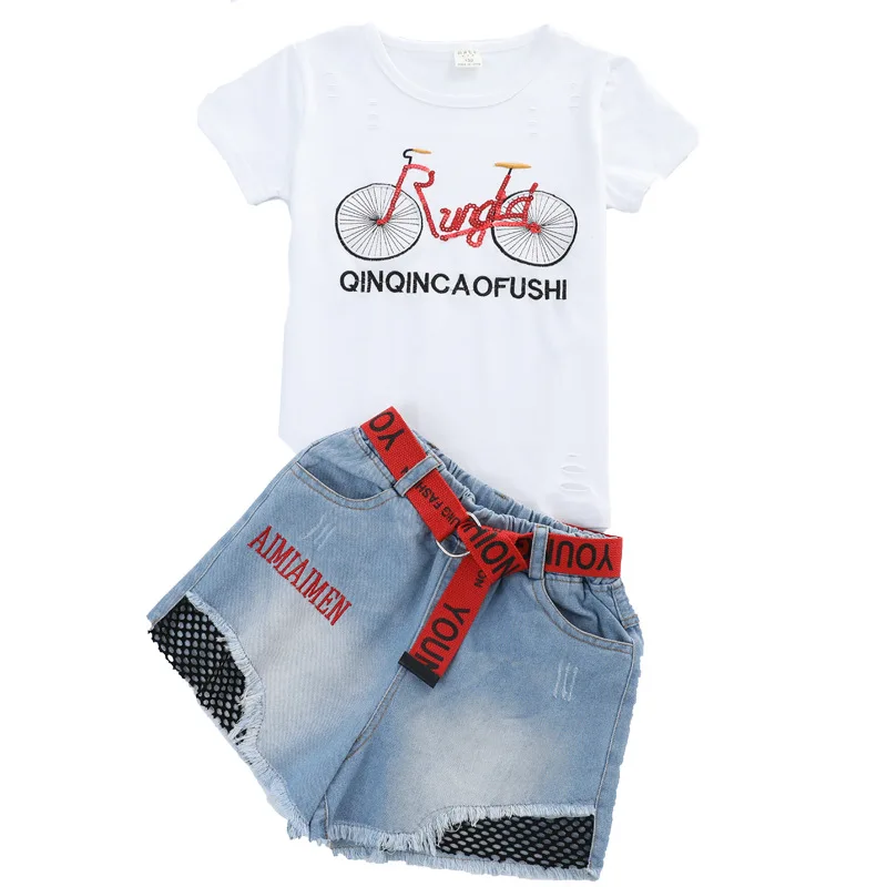 

Liakhouskaya Fashion Girls Clothing Set 2019 New Summer Baby Girls Clothes White Flower T-shirt+Denim Shorts Children Clothing