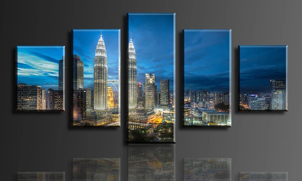 Fallout Wall Art Views Of The Twin Towers City At Night 5 Panels/set Hd Canvas Print Painting Artwork .decorative | Дом и сад