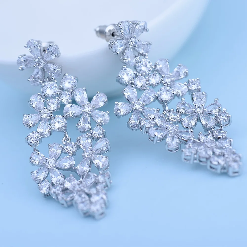Luoteemi Фирменная Новинка цветы Форма Bijoux Шинг CZ кристально белого золота-Цвет Jewelry Висячие серьги для Для женщин партии orecchini подарки
