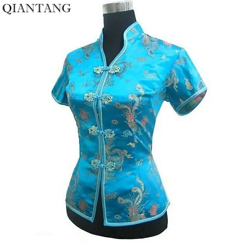 New Arrival Light Blue Female V-Neck Shirt top Chinese Classic Ladies Satin Blouse Size S M L XL XXL XXXL Mujer Camisa JY044-4