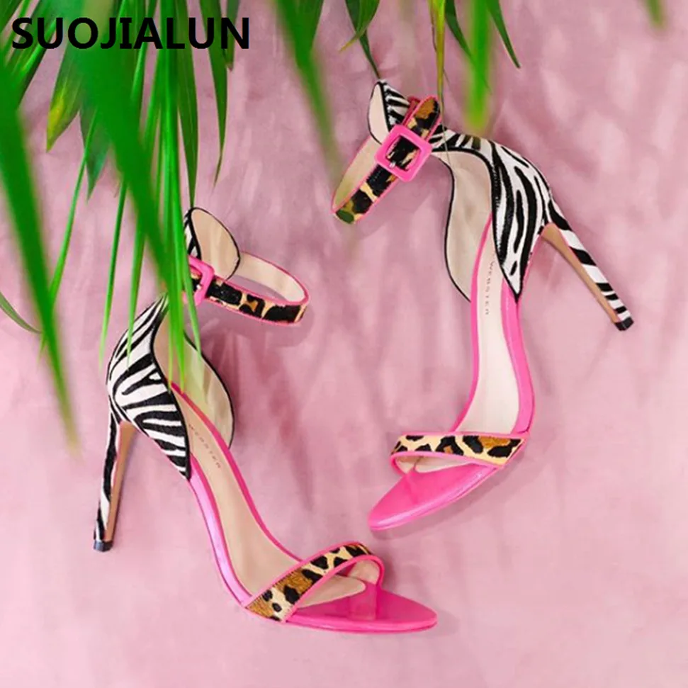 Женские леопардовые сандалии в полоску летние туфли на тонком высоком каблуке с